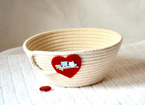 Valentine's Day Candy Bowl, Heart and Owl  Bowl, Handmade Red Heart Basket