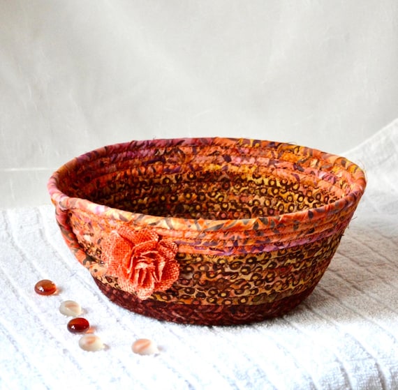 Earth Tone Basket, Batik Fabric Basket, Rustic Fruit Bowl, Handmade Candy Bowl, Country Napkin Holder, Mail Bin, Artisan Gift Basket,