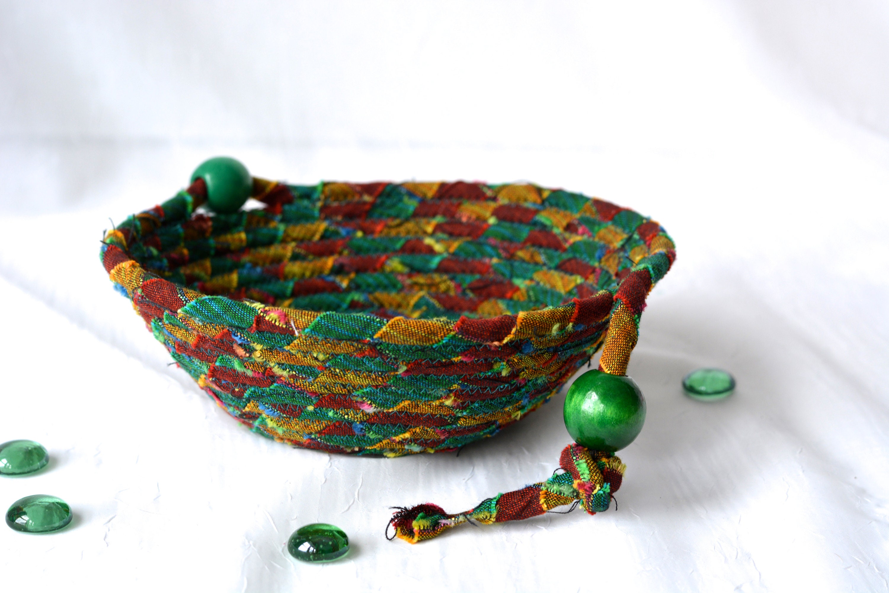 Green Key Basket Coiled Bowl Wallet Holder Country Catchall Bowl Jewelry Catcher Handmade Ring Dish Tray Woven Fiber Bowl