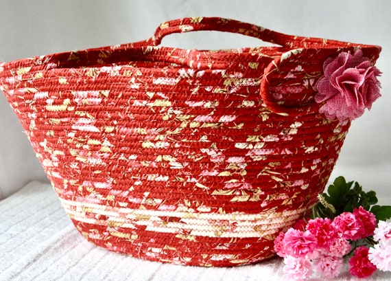 Floral Tote Bag, Shabby Chic Gift Basket, Pretty Pink Laptop Case, Handmade Victorian Rose Bag, Cherry Red Floral Yarn Holder