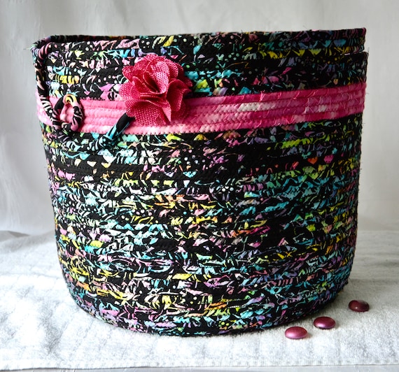 Artisan Batik Basket, Mother's Day Gift, Unique Coiled Fabric Basket, Handmade Black Handled Basket, Textile Art Basket, Storage Organizer
