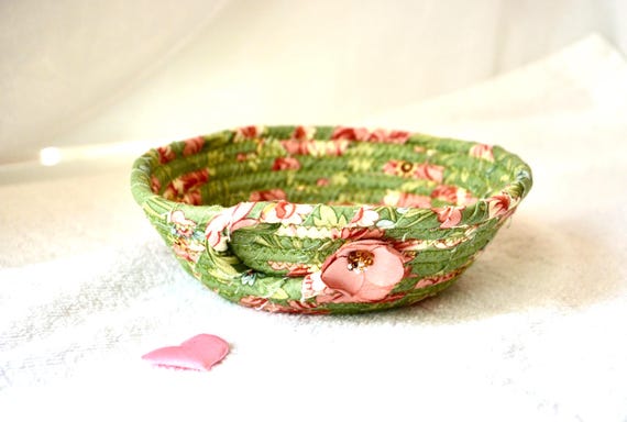 Handmade Fabric Rope Bowl: Shabby Chic Trinket Tray, Green Floral Decor