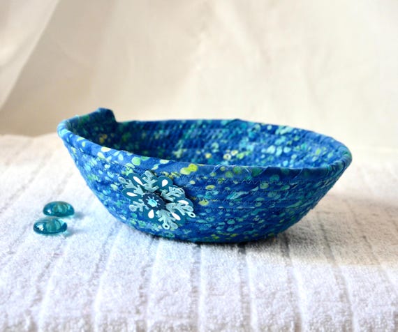 Winter Snowflake Bowl, Blue Candy Dish, 1 Handmade Batik Fabric Basket