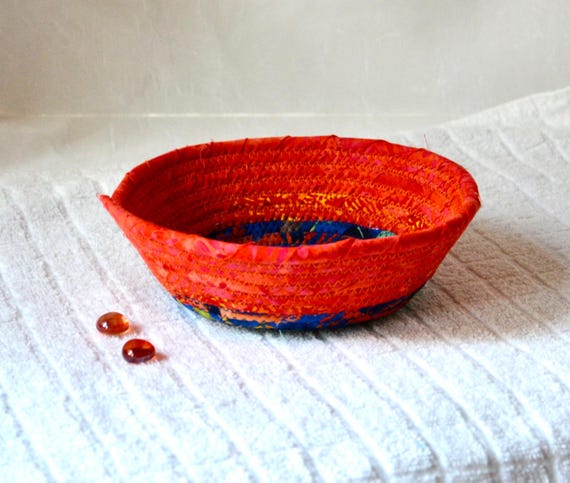 Fall Batik Key Holder, 1 Handmade Fabric Bowl, Autumn Candy Dish, Trinket Ring Tray, Quilted Rope Basket, Small Potpourri Holder, Gift too