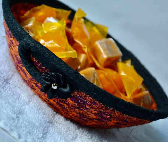 Halloween Candy Bowl, Orange Fabric Basket, Fall Desk Accessory Basket or Change Dish or Coin Holder, Fall Halloween Decoration