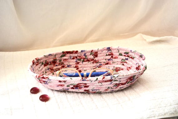 Handmade Shabby Chic Fabric Basket: Pink Rose Candy Dish, Small Oval Eyeglasses Holder