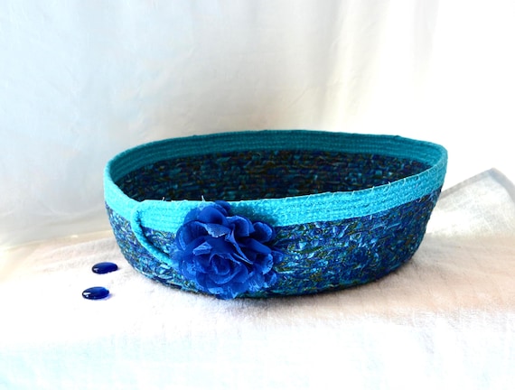 Blue Entryway Basket, Handmade Quilted Fabric Basket, Storage Organizer