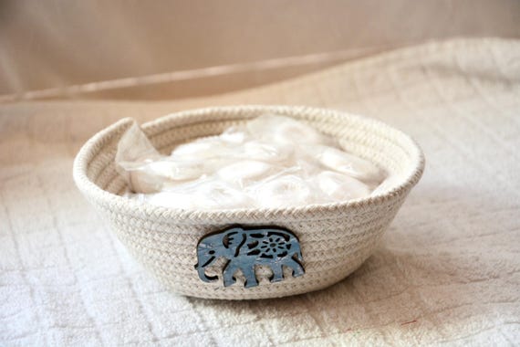 Handmade Rope Bowl with Elephant Accent, Country Clothesline Basket, Candy Dish