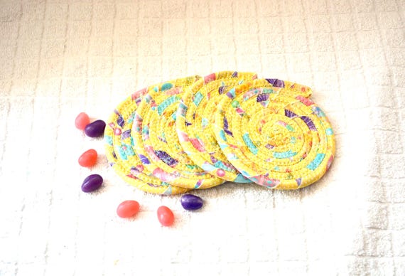 Handmade Yellow Easter Fabric Coasters, Spring Quilted Mug Rugs, Set of 4
