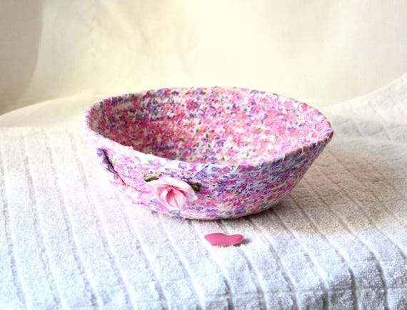 Shabby Chic Candy Bowl, Country Cottage Floral Basket, Handmade Ring Basket, Jewelry Holder, Mother Birthday Gift, Pink Summer Patio Basket