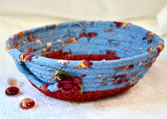 Fall Candy Bowl, Country Blue Key Holder, Small Autumn Fabric Basket, Sweet Ring Dish, Handmade Candle Holder, Hand Coiled Rope Basket