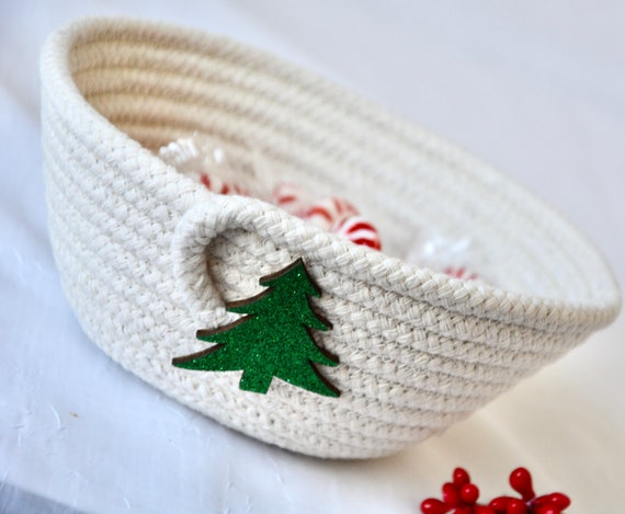 Christmas Glitter Tree Dish, Minimalist Clothesline Basket, Desk Candy Bowl, Handmade Rope Basket, Small Ring Tray, Cute Tree Gift Basket