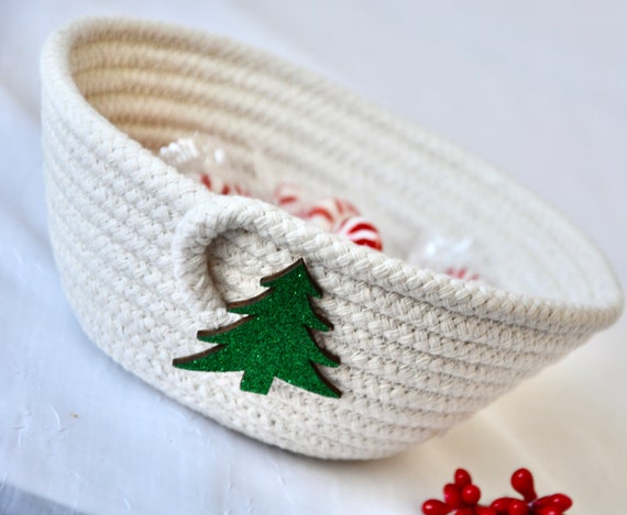 Christmas Glitter Tree Dish, Minimalist Key Basket, Desk Accessory Bowl, Handmade Rope Basket, Small Ring Tray, Cute Tree Gift Basket