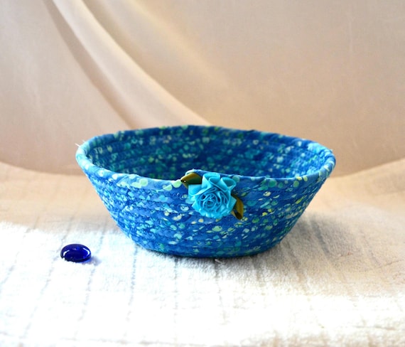 Teal Blue Candy Bowl, Handmade Batik Fabric Rope Basket, Small Trinket Ring Dish