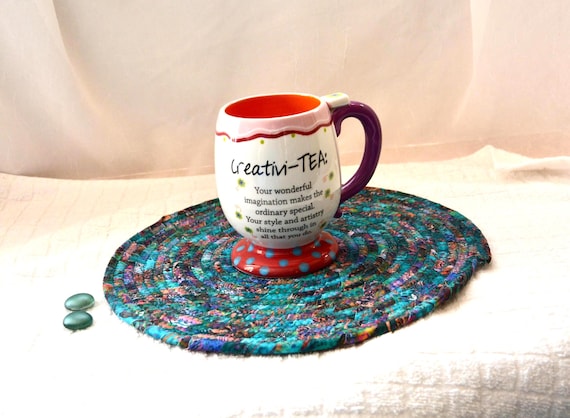 Handmade Turquoise Place Mat: Teal Hand Coiled Fabric Rope Trivet