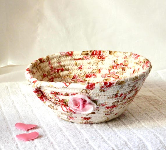 Shabby Chic Rose Fabric Basket: Handmade Valentine's Day Candy Bowl
