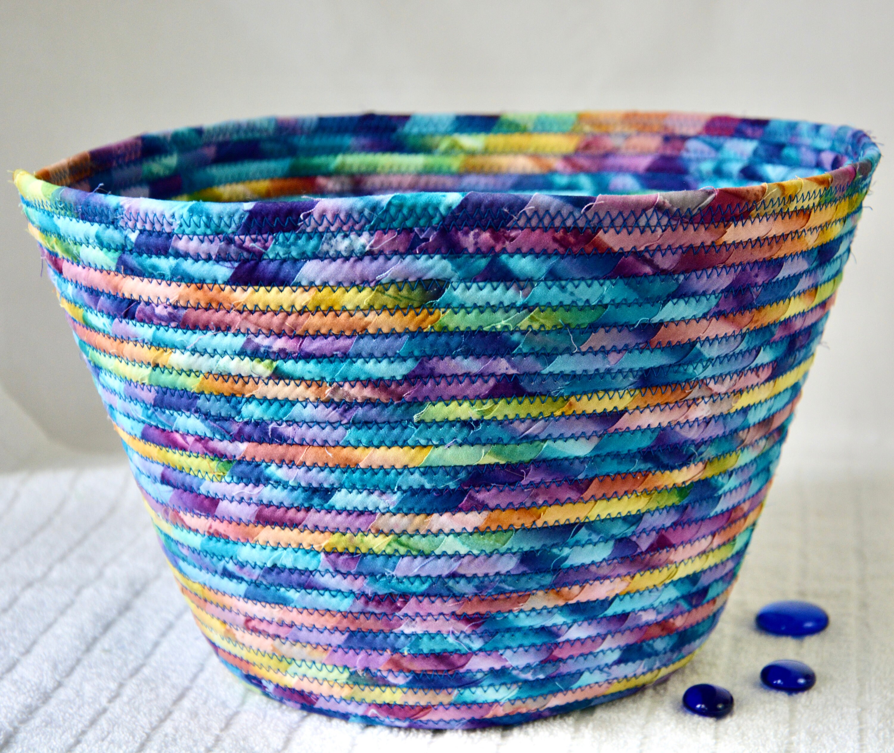 Black and Gold Coiled Fabric Basket Organizer Catchall Handmade by Me White Blue Green