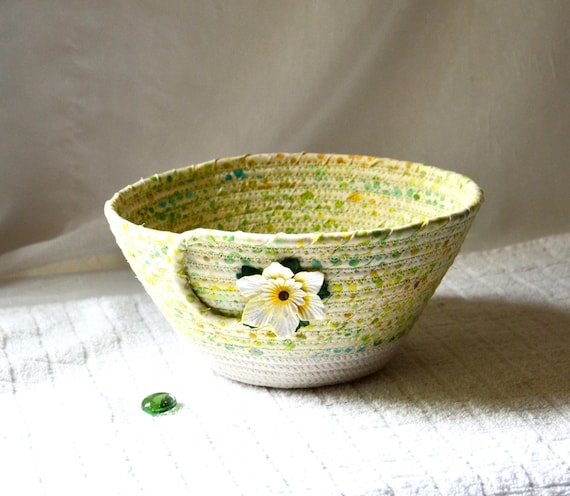 Green Batik Basket, Handmade Artisan Napkin Holder, Pastel Fabric Bowl, Country Cottage Basket, Unique Trinket Dish, Fun Gift Basket
