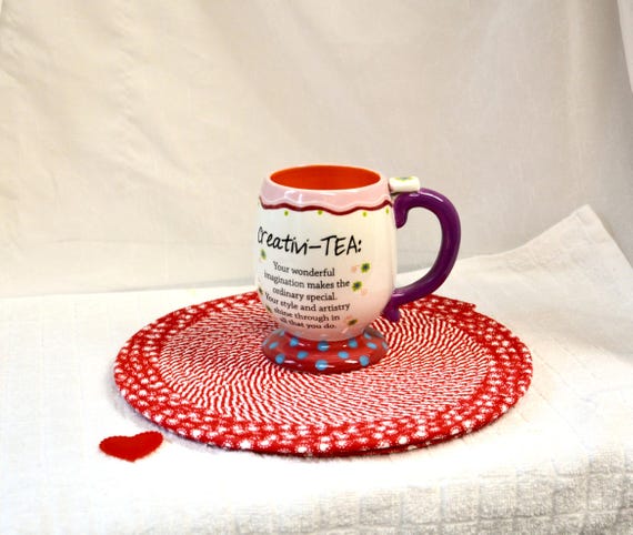 Handmade Valentine's Day Place Mats, 2 Hot Pads, Red Fabric Rope Trivets, Mug Rugs
