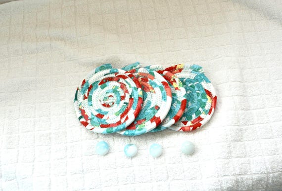 Turquoise Fabric Coasters, Set of 4, Handmade Coiled Rope Mug Rugs