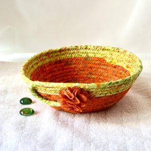 Fall Country Candy Bowl, Burnt Orange Desk Basket, Handmade Batik Fabric Bowl, Clip Holder, Small Woven Rope Basket, Autumn Gift Basket