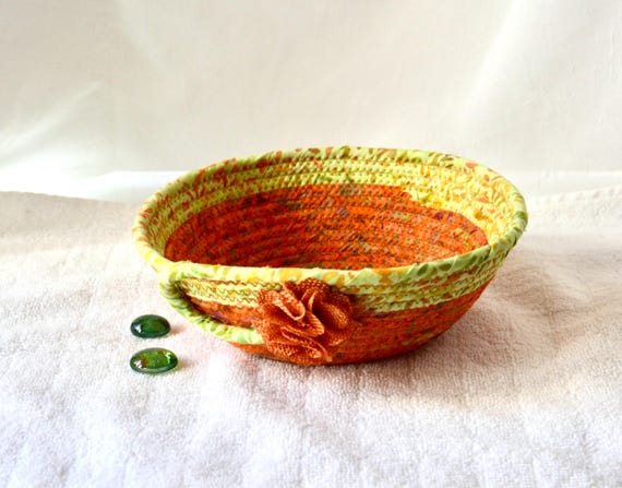 Fall Country Candy Bowl, Burnt Orange Desk Basket, Handmade Batik Fabric Bowl, Clip Holder, Small Woven Rope Basket, Autumn Gift Basket