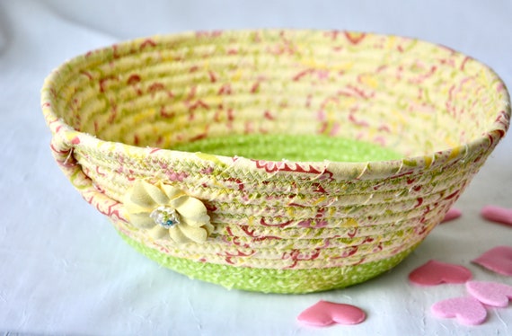 Spring Candy Dish, Yellow Handmade Key Bowl, Shabby Chic Bath Basket, Girl Hair Tie Bowl, Unique Gift Basket, Small Fabric Rope Basket