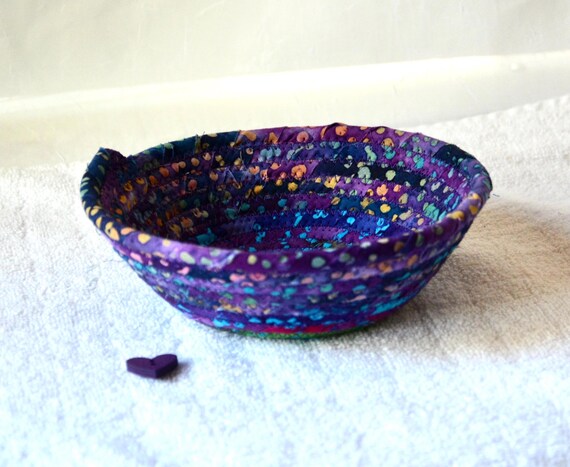 Purple Artisan Basket, 1 Handmade Batik Fabric Bowl, Violet Candy Bowl, Bohemian Gift Basket, Small Ring Dish, Rustic Decor Rope Bowl