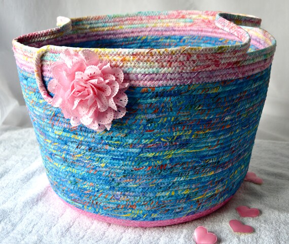 Beautiful Blue Basket, Batik Fabric Storage Container, Handmade Textile Art Basket, Designer Rope Basket with handle, Pink Yarn Holder