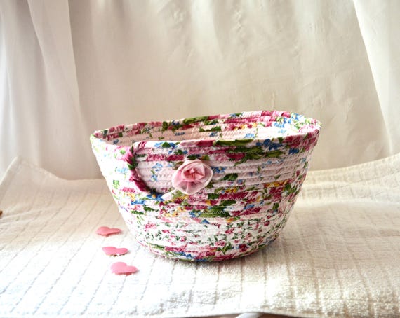 Pink Shabby Chic Bowl, Handmade Floral Fabric Basket, Decorative Flower Basket