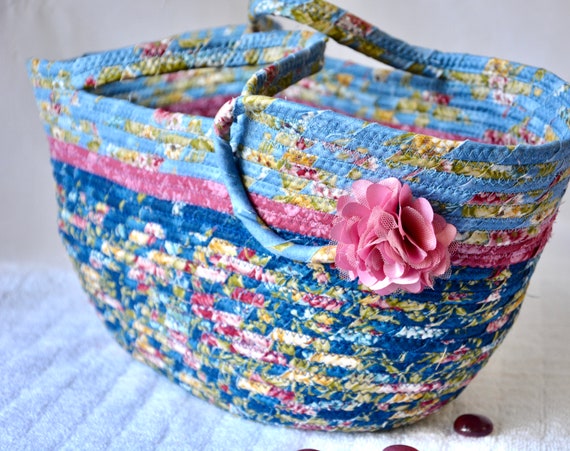 Country Tote Bag, Victorian Rose Laptop Case, French Peony Scarf Holder, Handmade Shopping Basket, Shabby Chic Blue Handbag