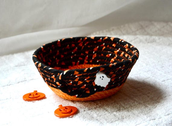 Halloween Ghost Basket, 1 Fall Candy Bowl, Cute Candy Corn Basket, Trinket Ring Dish, Trick or Treat Bowl, Fabric Rope Basket,Halloween Gift