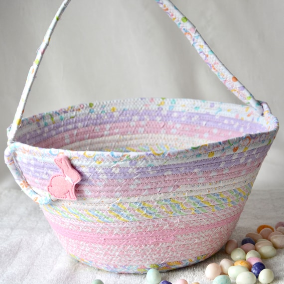 Pastel Easter Basket, Easter Egg Hunt Tote Bag, Girl Easter Bucket, Handmade Baby Toy Holder, Cute Spring Decoration, Free Name Tag