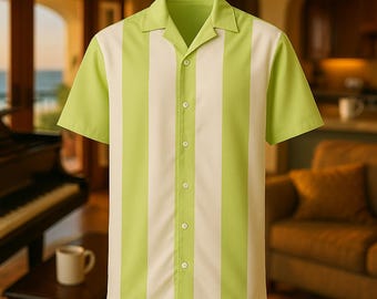 May include: A short-sleeved button-down shirt with a retro style. The shirt features vertical stripes in lime green and off-white. It has a classic collar and a relaxed fit, suitable for casual wear. The shirt is made of a lightweight fabric.