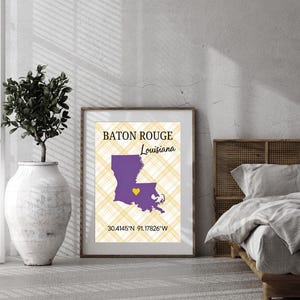 Baton Rouge Louisiana Map Print: Gold Plaid LSU Decor (Digital Download)