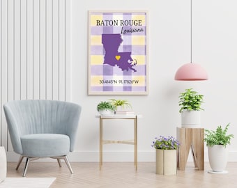 Baton Rouge Louisiana Map Art Print: LSU Purple & Gold Dorm Decor (Digital Download)
