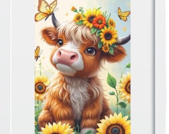 Highland Cow Nursery Print: Floral Crown, Farmhouse Baby Girl Decor (Digital Download)