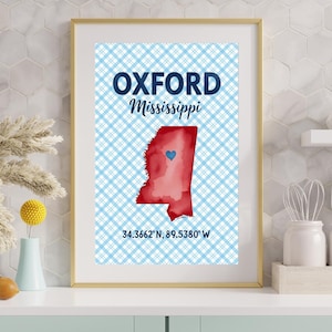 Oxford Mississippi Gingham Map Print: Ole Miss Dorm Decor (Digital Download)