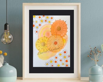 Pintura original em aquarela com flores – Arte cristã em tons de amarelo e laranja (9x12)
