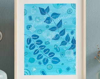 Jardim Bem Regado | Impressão em Aquarela | Arte de Parede Botânica Azul | 8x10 e 5x7