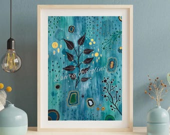 Vida Abundante | Arte Cristã | Botânica Inspirada na Fé | Floral Abstrato em Tons de Azul-petróleo e Dourado
