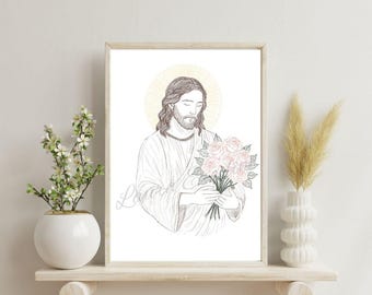 Jesus com Rosas/ Impressão de Arte Cristã