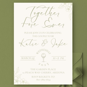 May include: Wedding invitation with the text "Together Fore Ever" in elegant script. The invitation features the names "Katie & Jake", date, time, and location details. Floral accents and a golf-themed graphic add decorative elements.