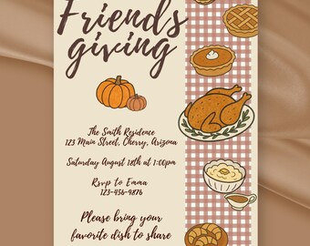 Friendsgiving Invitation Template, Autumn Harvest Foods Potluck, Editable Canva Instant Download