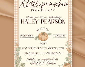 Baby Shower Invitation Template, Little Pumpkin Orange Gingham Fall Design, Editable Canva Instant Download