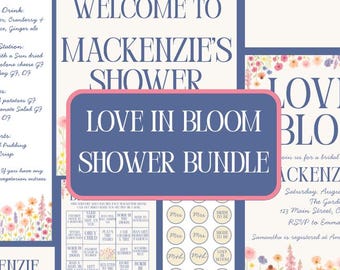 Bridal Shower Bundle, Love In Bloom Watercolor Floral Invitation & Decor Set, Editable Canva Instant Download