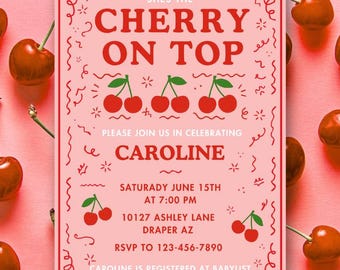 Baby Shower Invitation Template, Cherry On Top Pink Red Cherry Design, Editable Canva Instant Download