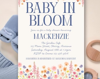 Baby Shower Invitation Template, Baby In Bloom Watercolor Wildflower Design, Editable Canva Instant Download