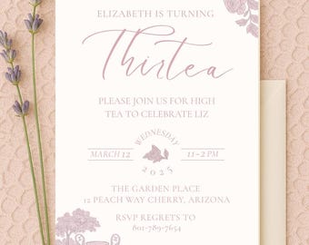 Plantilla de invitación para el 30 cumpleaños, diseño vintage rosa para fiesta de té Thirtea, descarga instantánea editable en Canva.