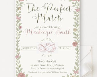 Bridal Shower Invitation Template, Swan Coquette Floral Design, Editable Canva Instant Download